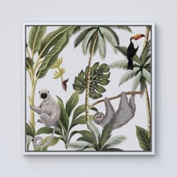 "Warren Reed - Designer Tropical Sloths Framed Canvas in Off-White - Size: W16"" x H16""" - thumbnail 1
