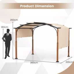 Costway 300x360cm Retractable Pergola Arched Patio Pergola Outdoor Metal Gazebo in Beige - Size: 300x360 cm - thumbnail 2