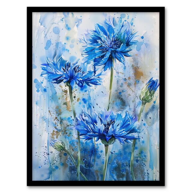 "Artery8 Cornflowers Blue Flower Watercolour Painting Framed Art Print - Size: W12"" x H16""" - image 1
