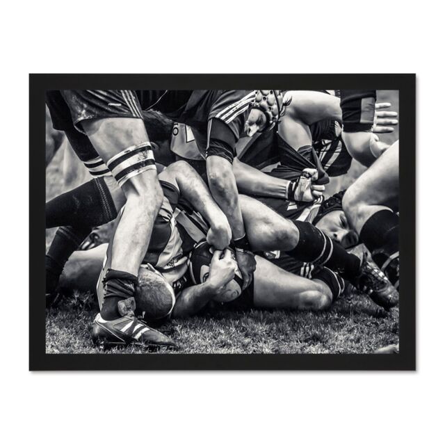 "Artery8 Wall Art Print Photo Sport Rugby Football Close Up Scrum Players Ball Game Large Framed Wall Décor Art in White - Size: W18"" x H24""" - image 1