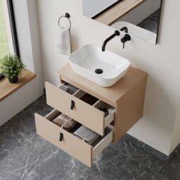 Banyetti Invicta 600mm Wall Hung Vanity with Matching Worktop - Cashmere in Beige - thumbnail 2