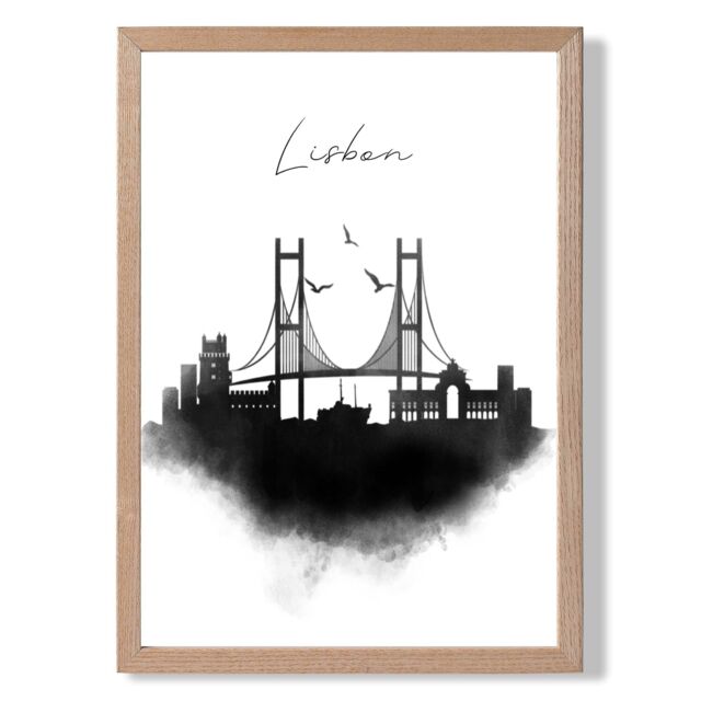 ARTZE Lisbon Watercolour Skyline City Framed Print SIZE: A2 with Oak Frame in Black - Size: A4 - image 1