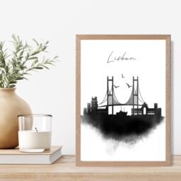 ARTZE Lisbon Watercolour Skyline City Framed Print SIZE: A2 with Oak Frame in Black - Size: A4 - thumbnail 2