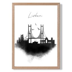 ARTZE Lisbon Watercolour Skyline City Framed Print SIZE: A2 with Oak Frame in Black - Size: A4 - thumbnail 1
