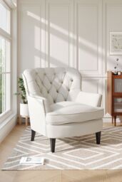H&O Direct Classic Buttoned Back Linen Armchair with Wooden Legs in Beige - thumbnail 1