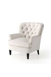 H&O Direct Classic Buttoned Back Linen Armchair with Wooden Legs in Beige - thumbnail 4