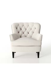 H&O Direct Classic Buttoned Back Linen Armchair with Wooden Legs in Beige - thumbnail 3