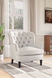 H&O Direct Classic Buttoned Back Linen Armchair with Wooden Legs in Beige - thumbnail 2