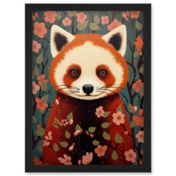 Artery8 Wall Art Print Red Panda Cute Tree Blossom Kids Bedroom Artwork Framed A4 in Black - thumbnail 1