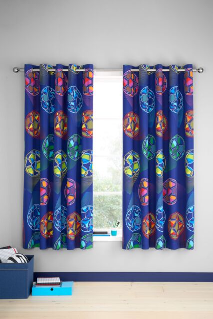 Catherine Lansfield 'Bright Football' Fully Reversible Eyelet Curtains in Navy - Size: 168 cm width x 183 cm drop - image 1