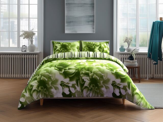 Snug City Duvet Cover & Pillowcase Set Reversible Rose & Stripe Design Polycotton Bed Linen in Lime - Size: Double - image 1