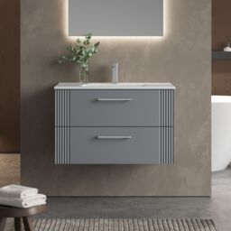 Balterley Wall Hung 2 Drawers Vanity Unit - Minimalist Basin 800mm, Satin Grey - thumbnail 2