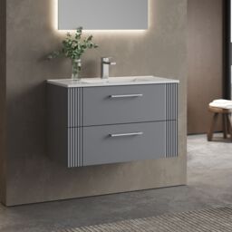 Balterley Wall Hung 2 Drawers Vanity Unit - Minimalist Basin 800mm, Satin Grey - thumbnail 4