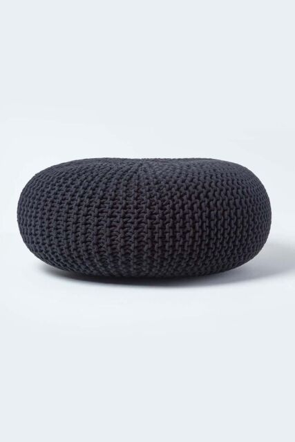 Homescapes Large Round Cotton Knitted Pouffe Footstool in Black - image 1