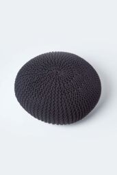 Homescapes Large Round Cotton Knitted Pouffe Footstool in Black - thumbnail 3