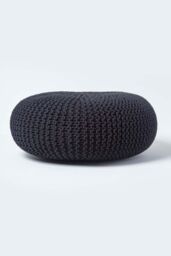 Homescapes Large Round Cotton Knitted Pouffe Footstool in Black - thumbnail 1