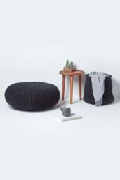 Homescapes Large Round Cotton Knitted Pouffe Footstool in Black - thumbnail 6