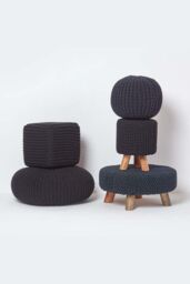 Homescapes Large Round Cotton Knitted Pouffe Footstool in Black - thumbnail 5