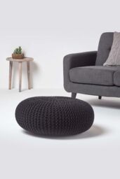 Homescapes Large Round Cotton Knitted Pouffe Footstool in Black - thumbnail 2