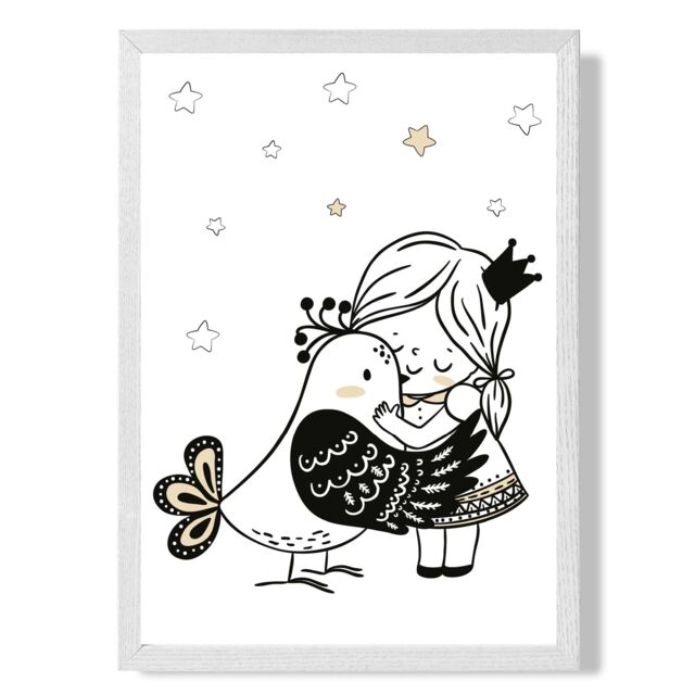 ARTZE Scandi Princess Lttle Hugging Bird Framed Print SIZE: A3 with White Frame in Black - Size: A4 - image 1