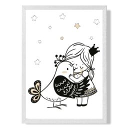 ARTZE Scandi Princess Lttle Hugging Bird Framed Print SIZE: A3 with White Frame in Black - Size: A4 - thumbnail 1
