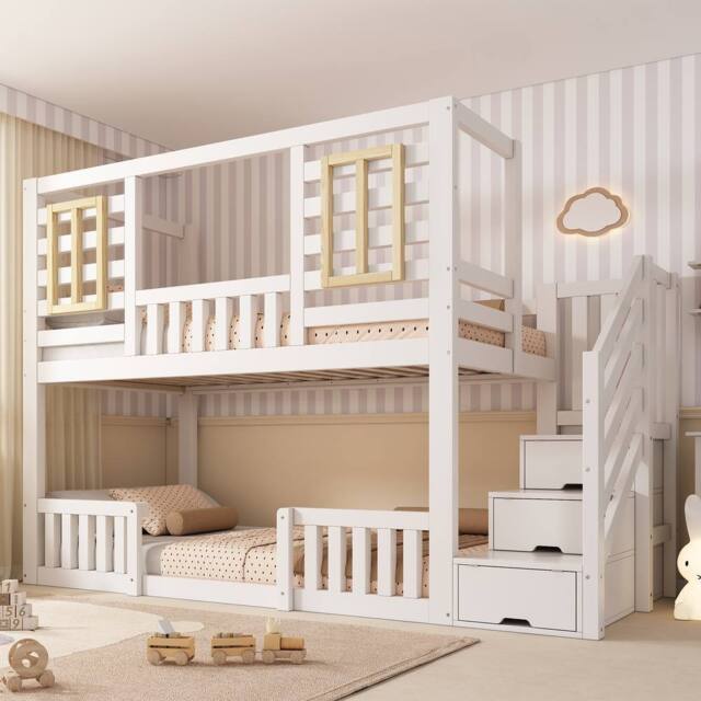 Merax Kids Wooden House Bunk Bed 3FT with Storage Stairs, Guardrail in White - Size: Single - image 1