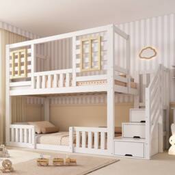 Merax Kids Wooden House Bunk Bed 3FT with Storage Stairs, Guardrail in White - Size: Single - thumbnail 1