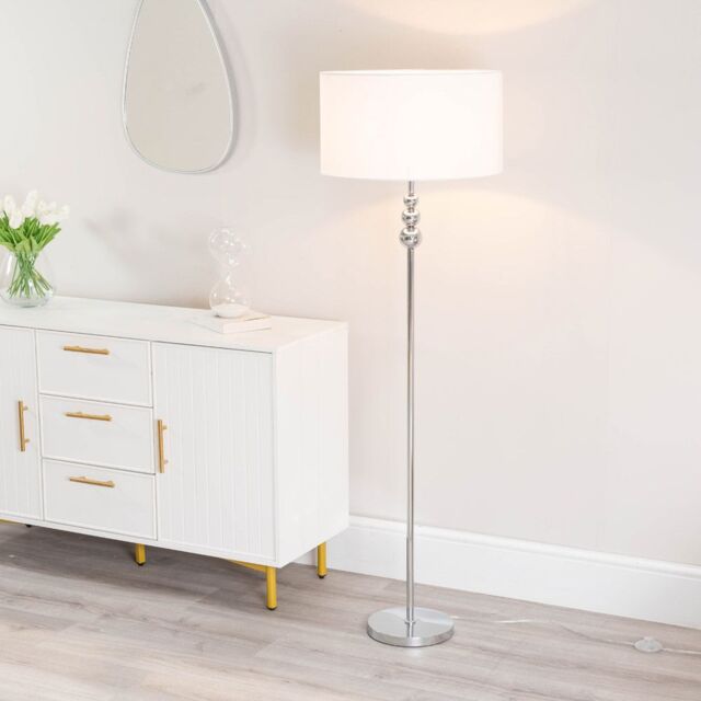 ValueLights Marissa Fabric Drum Shade with Chrome Stacked Ball Floor Lamp with LED Bulb in White - image 1