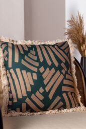 Paoletti Oromo Printed Geometric Fringed Cushion in Green - Size: 45 cm x 45 cm - thumbnail 5