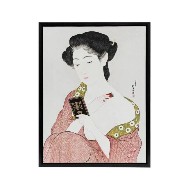 "Artery8 Woman Applying Powder Portrait Framed Canvas Wall Art Print Hashiguchi in Pink - Size: W12"" x H16""" - image 1