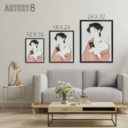 "Artery8 Woman Applying Powder Portrait Framed Canvas Wall Art Print Hashiguchi in Pink - Size: W12"" x H16""" - thumbnail 4