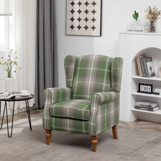 FURNITURE ONE Retro Accent Chair, Soft Padded Fabric Wingback Tartan Armchair in Green - Size: 1 Pack - image 1