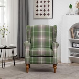 FURNITURE ONE Retro Accent Chair, Soft Padded Fabric Wingback Tartan Armchair in Green - Size: 1 Pack - thumbnail 2