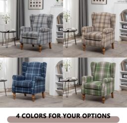 FURNITURE ONE Retro Accent Chair, Soft Padded Fabric Wingback Tartan Armchair in Green - Size: 1 Pack - thumbnail 3