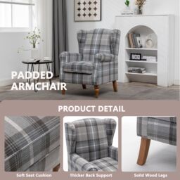FURNITURE ONE Retro Accent Chair, Soft Padded Fabric Wingback Tartan Armchair in Green - Size: 1 Pack - thumbnail 5