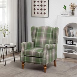 FURNITURE ONE Retro Accent Chair, Soft Padded Fabric Wingback Tartan Armchair in Green - Size: 1 Pack