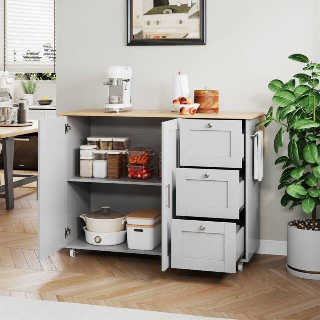 Merax 135cm Rolling Kitchen Island Trolley with Foldable Worktop & 3 Drawers in Grey - image 1