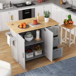 Merax 135cm Rolling Kitchen Island Trolley with Foldable Worktop & 3 Drawers in Grey - thumbnail 2
