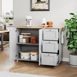 Merax 135cm Rolling Kitchen Island Trolley with Foldable Worktop & 3 Drawers in Grey - thumbnail 1