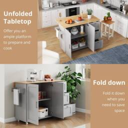 Merax 135cm Rolling Kitchen Island Trolley with Foldable Worktop & 3 Drawers in Grey - thumbnail 5