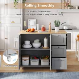 Merax 135cm Rolling Kitchen Island Trolley with Foldable Worktop & 3 Drawers in Grey - thumbnail 4