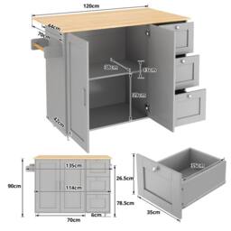 Merax 135cm Rolling Kitchen Island Trolley with Foldable Worktop & 3 Drawers in Grey - thumbnail 6