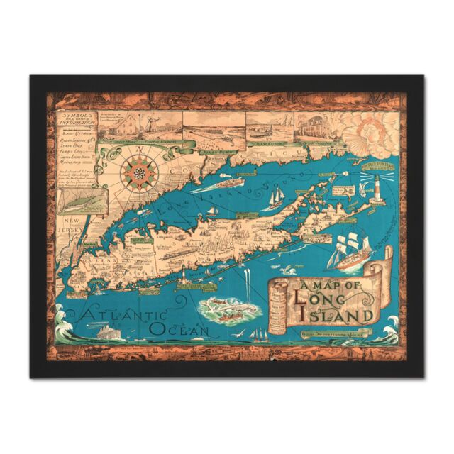 "Artery8 Wall Art Print Smith 1933 Pictorial Map Long Island Ny History Large Framed Wall Décor Art in Black - Size: W18"" x H24""" - image 1