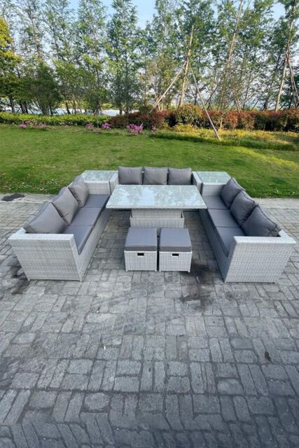 Fimous U Shape Rattan Garden Furniture Adjustable Rising Lifting Table Dining Set 2 PC Side Table Stool in Light Grey - image 1