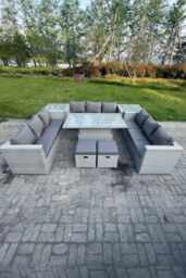 Fimous U Shape Rattan Garden Furniture Adjustable Rising Lifting Table Dining Set 2 PC Side Table Stool in Light Grey - thumbnail 2