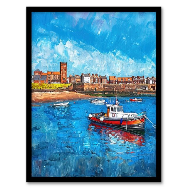 "Artery8 North England Coastal Town Fishing Boats Painting Framed Art Print in Blue - Size: W12"" x H16""" - image 1