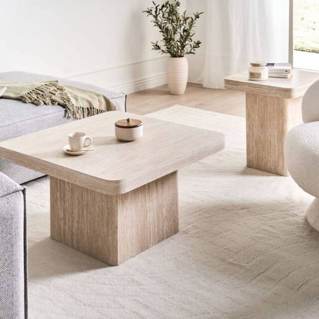 Wyld and Coco Stone-Top Square Coffee Table Beige MDF Base 80x80 cm - image 1