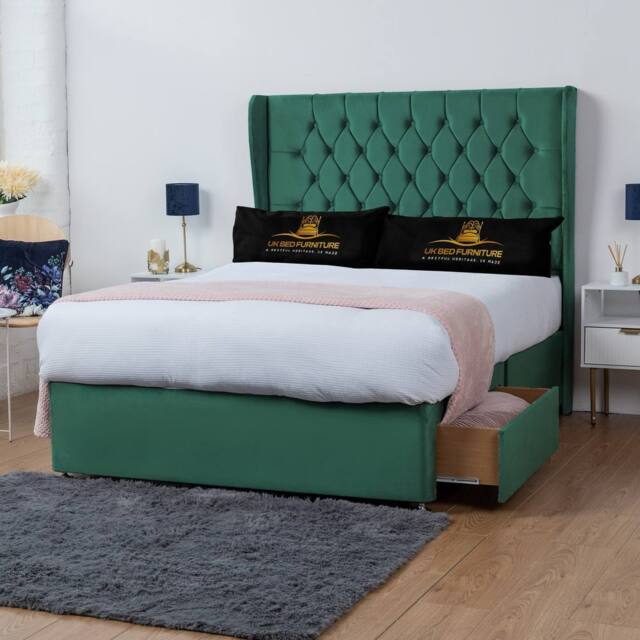UK Bed Furniture Mary Wingback Divan Bed with 2 Drawer Foot End & 54 Inch Headboard in Green - Size: Small Double - image 1
