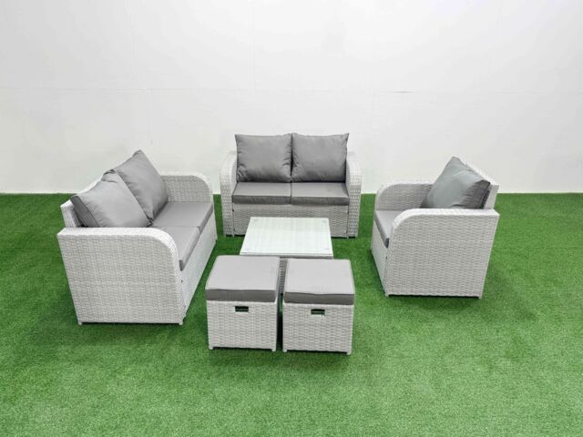 Fimous High Back Poly Rattan Garden Furniture Set with Reclining Chair Loveseat Sofa Square Coffee Table Indoor Outdoor Patio Set 2 Stool Light Grey - image 1