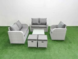 Fimous High Back Poly Rattan Garden Furniture Set with Reclining Chair Loveseat Sofa Square Coffee Table Indoor Outdoor Patio Set 2 Stool Light Grey - thumbnail 1